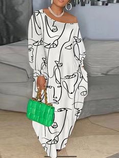 Dress Shoulder Off Women Maxi Graphic Plus Size Print One