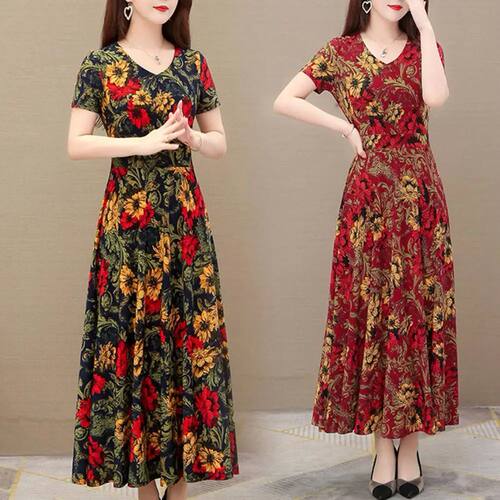 Women Maxi Dress V Neck Flower Print Short Sleeve Ankle Leng