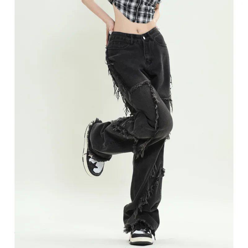 Black Jeans Women Solid High Waist Worn-out American Wide Le图片