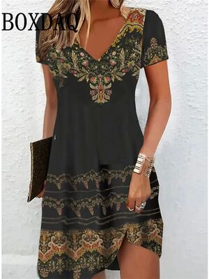 Women's Ethnic Style Short Sleeve Dress Summer Vintage Flora
