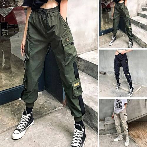 Women Cargo Pants Black Ribbon Pocket Jogger Girls Hip-Hop S