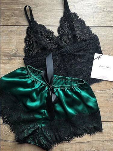 Lace Silk Sleepwear for Women Pajamas Set Sexy Lingerie Crop