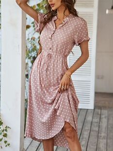 Ladies Polka Dot Print Shirt Dress Women Casual Midi Holiday