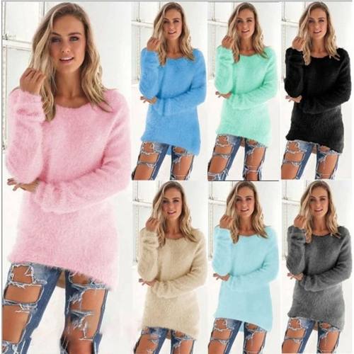 2024 Women Warm Sweaters Solid Color O Neck Loose Knitted Pu