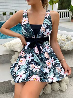 2023 Tropical Print Knot Front Swimwear Women One Piece Swim