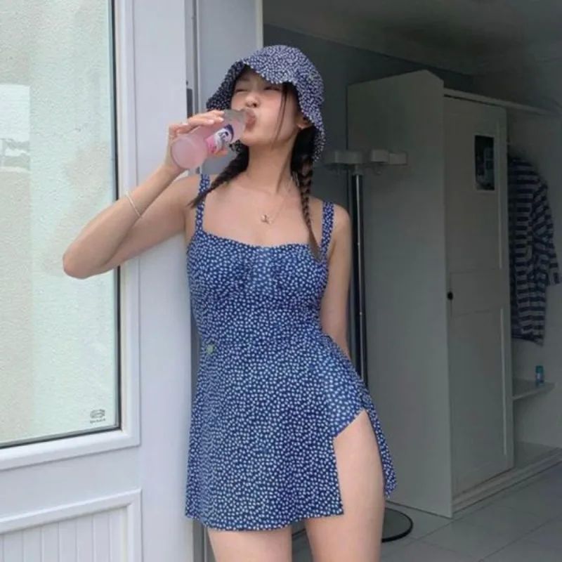 New Floral One-Piece Swimsuit Women Blue Backless Slip Beach