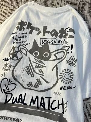 Women Men Cotton T-Shirts 2024 Summer Harajuku Kawaii Cat Pr