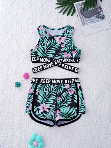 Kids Girls Swimsuit Two Pieces Swimwear Round Neck Sleeveles