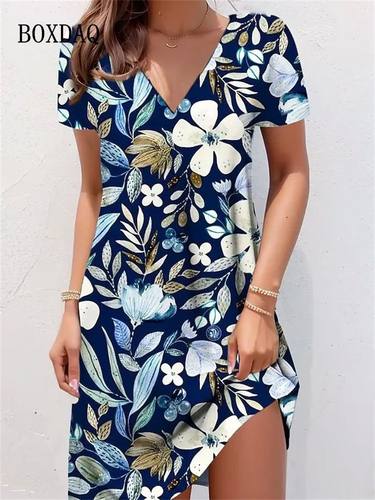 Retro V-Neck Floral Printed Dresses Women Vintage Short Slee