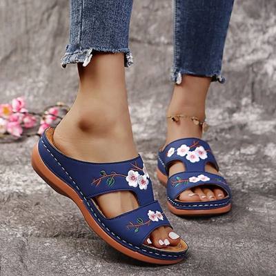 Women Slippers Embroider Flowers Leather Woman Sandals 2023