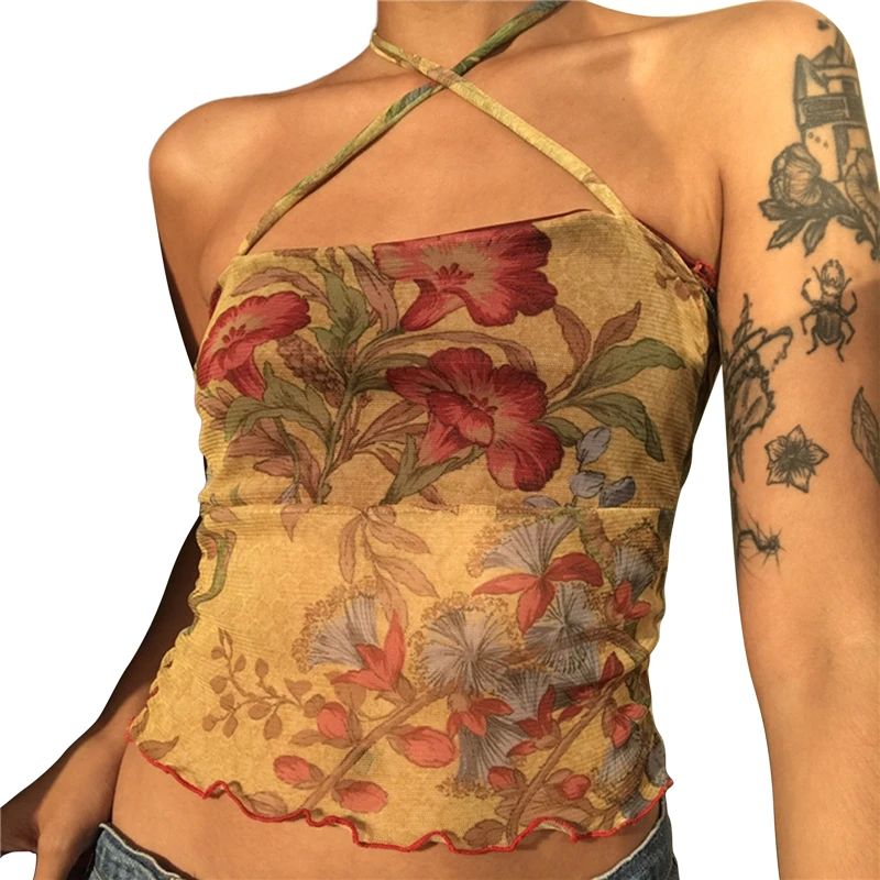 Xingqing Y2K Mesh Sheer Floral T-shirt E-girl 90s Vintage Ha