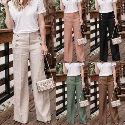 Pants Women Wide Leg Pants Solid Color Buttons High Waist Wi