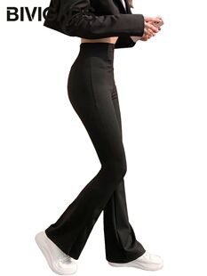 BIVIGAOS Women Shark Flared Pants Black Elastic Slim High Wa