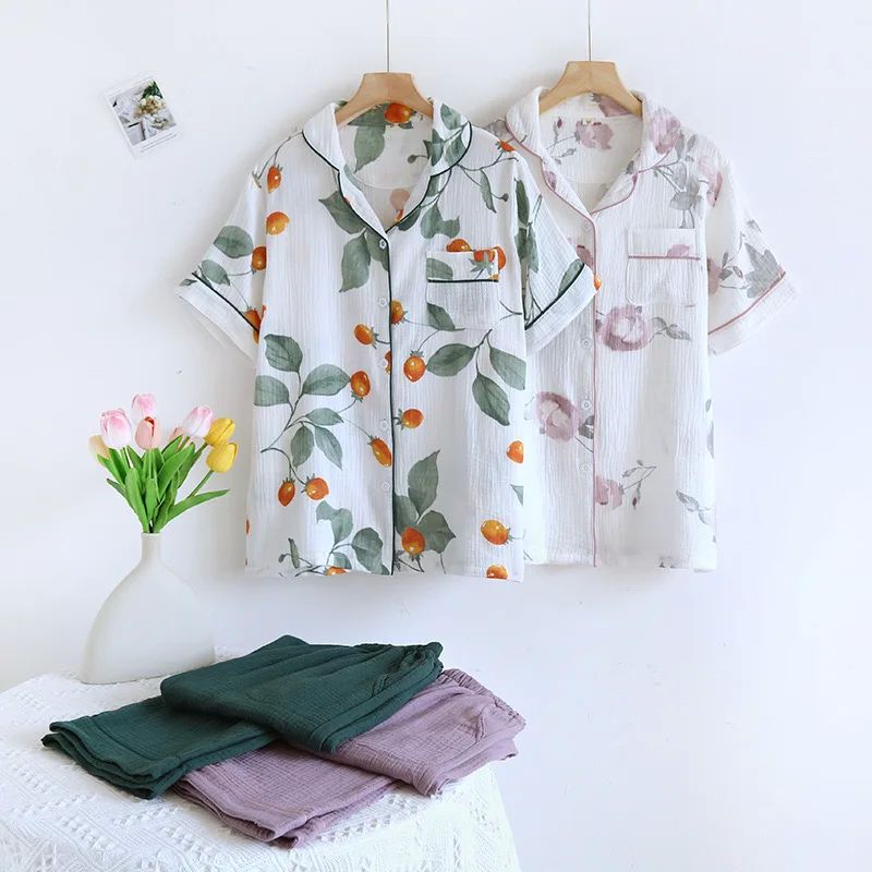 2024 New Summer Women Pajamas 100% Cotton Gauze Sleepwear Sh 女士内衣/男士内衣/家居服 睡衣/家居服套装 原图主图