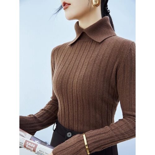 New Polo Collar Women's Knitted Sweater Long Sleeve Slim Fit