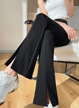 Plus Size Slit Front Black Flare Pants for Women Korean Styl