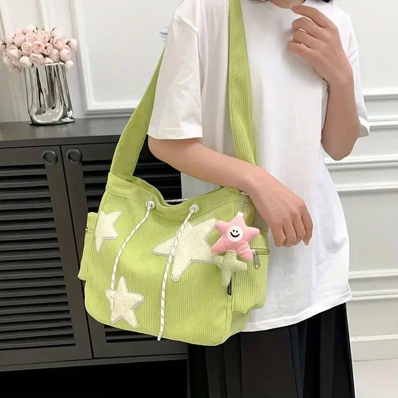 Simple Star Pattern Large Tote Bag, Corduroy Drawstring Shou图片