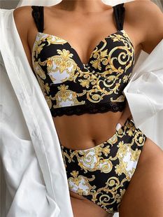 Bikini Strappy Women Sexy Lace Print Vintage Set Padded