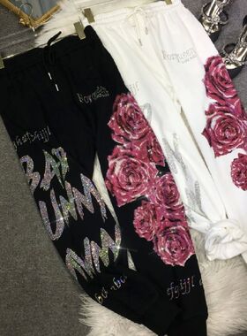 XL-4XL Plus Size 150kg Women's Pants Rhinestone Flower Big S