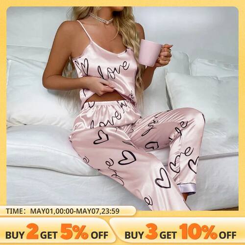 Women Satin Silk Pajamas Sets Letter Print Cami Vest Shirt W