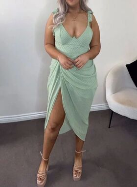 Women Plus Size Dress 2023 Summer Casual V Neck Suspender Sl