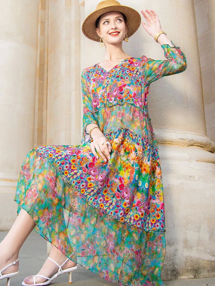 High Quality Summer 2023 Beach Boho Vintage Print Chiffon V