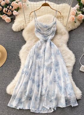 Women Floral Spaghetti Strap Dress Elastic Ruched Sexy Hollo