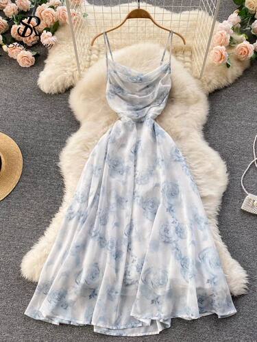 Women Floral Spaghetti Strap Dress Elastic Ruched Sexy Hollo
