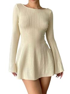 Ribbed Swing Knit Line Sweater Dress Solid Silh with Color