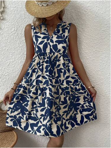 Print Women Summer Dress Sleeveless V Neck Chic and Elegant
