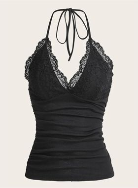 Lace V-neck Halter Top Women Summer Sexy Grunge Punk Goth Ba