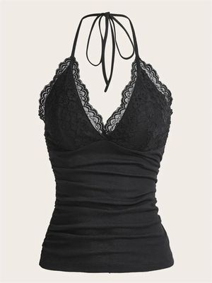 Lace V-neck Halter Top Women Summer Sexy Grunge Punk Goth Ba