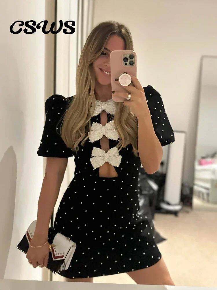 Bow Hollow Out Women's Black Dress  Sexy Short Sleeve Party图片