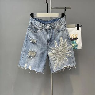 2024 Summer Denim Shorts Women Tassel Sequin Beading Fashion
