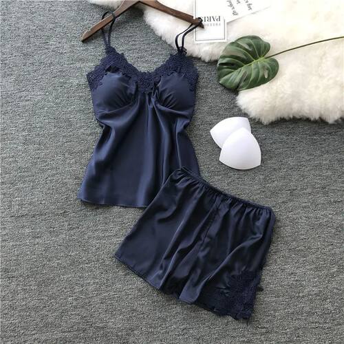Women Silk Pajamas Set Sleepwear Sexy Chest Pad Nightwear Fe