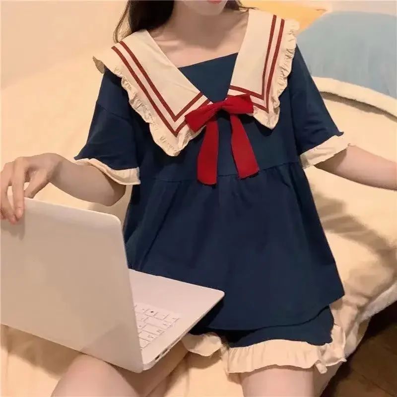 Salior Collar Sleepwear Women Pajama Sets Student Korean Sho 女士内衣/男士内衣/家居服 睡衣/家居服套装 原图主图