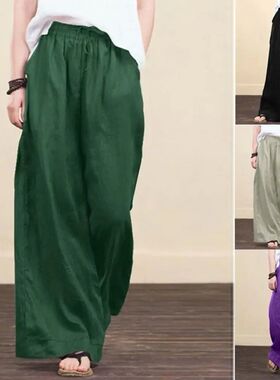 New Vintage Linen Elastic Waist Wide Leg Pants Women Long Tr