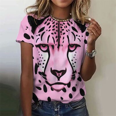 Summer Women's T-Shirt Pink 3d Leopard Print Fashion Streetw