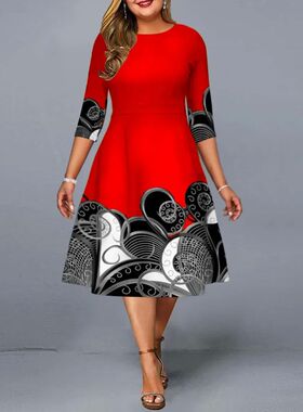 Plus Size Dress for Women Elegant Yellow Print Midi A-line D