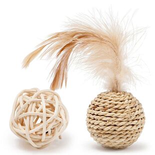 Pet Rattan Ball 2pcs Faux Toy Funny Feather Cat
