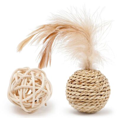 2pcs Cat Toy Pet Rattan Ball Cat Toy Funny Faux Feather Cat