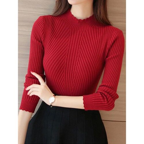 2024 Autumn Women Mock Neck Ruffles Sweater Long Sleeve Knit