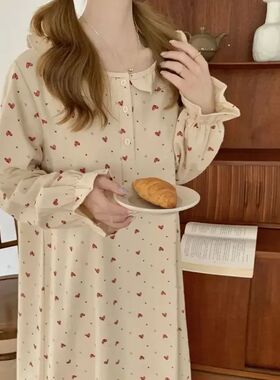 Heart Print Sleepwear Womens Korean Style Nightgown Ruffles