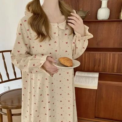 Heart Print Sleepwear Womens Korean Style Nightgown Ruffles