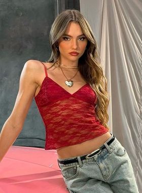 Women Black Red Sleevless V Neck Tank Vest Y2K Sweet Cute Fl