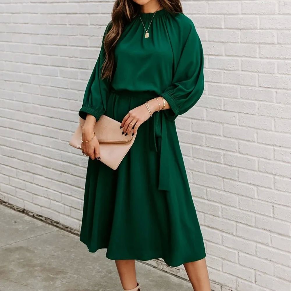 Summer Green Fashion Lace Up Dress for Women's O Neck Elegan