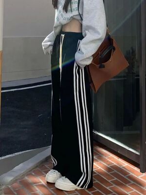 Zoki Black Striped Sweatpants Women Preppy Style High Waist