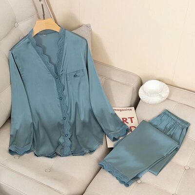 Casual Pajamas Set Satin Sexy Women 2 Piece Sleepwear Silky