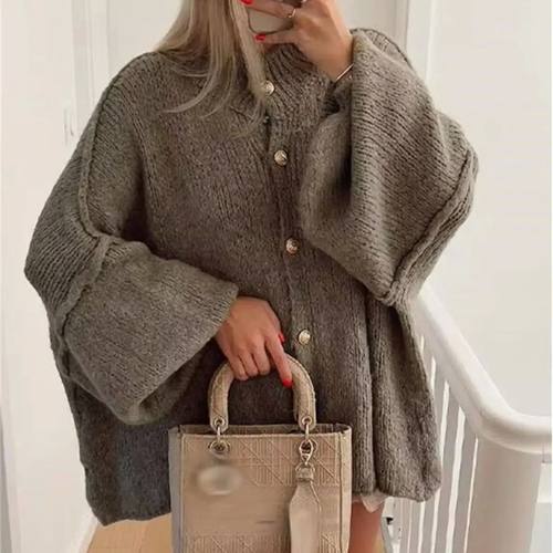 French Fashion Loose Sweater For Women O-neck Metal Button C