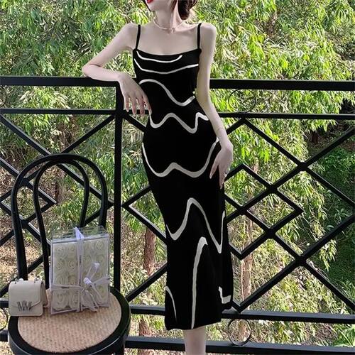 French Vintage Elegant Strap Long Dress High Grade Wave Stri